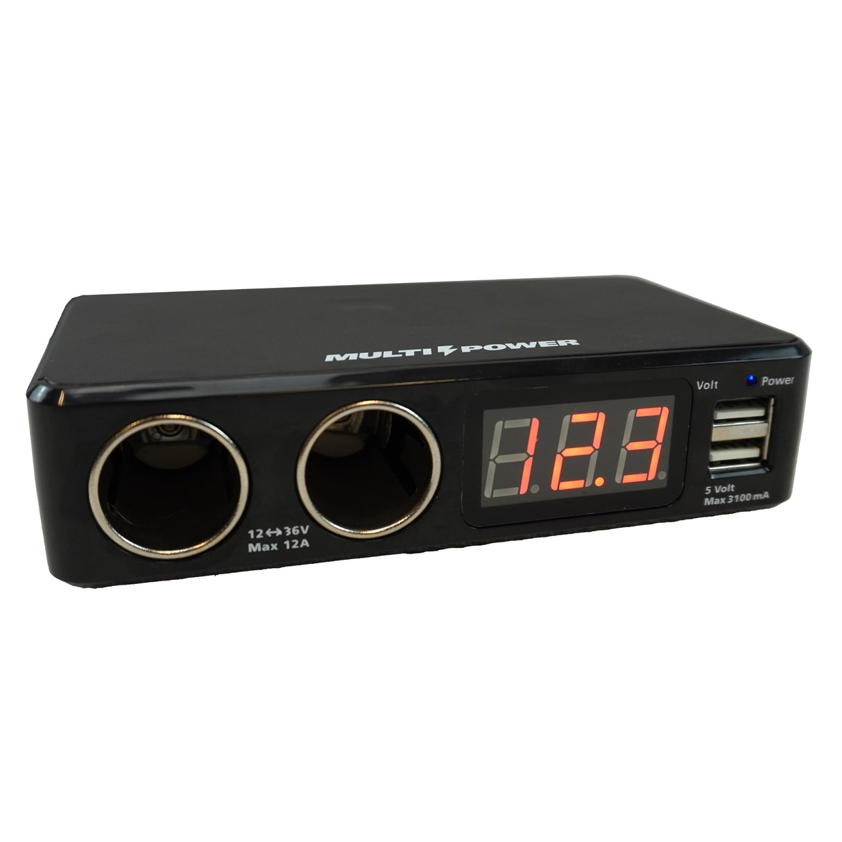 2-es szivargyújtó elosztó 2 USB kimenettel voltmérővel