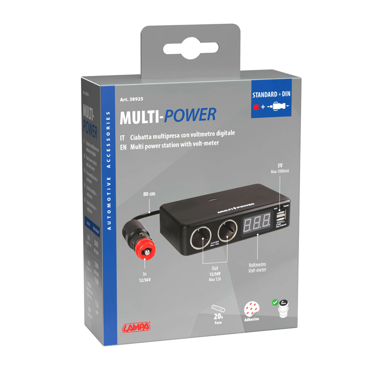 2-es szivargyújtó elosztó 2 USB kimenettel voltmérővel