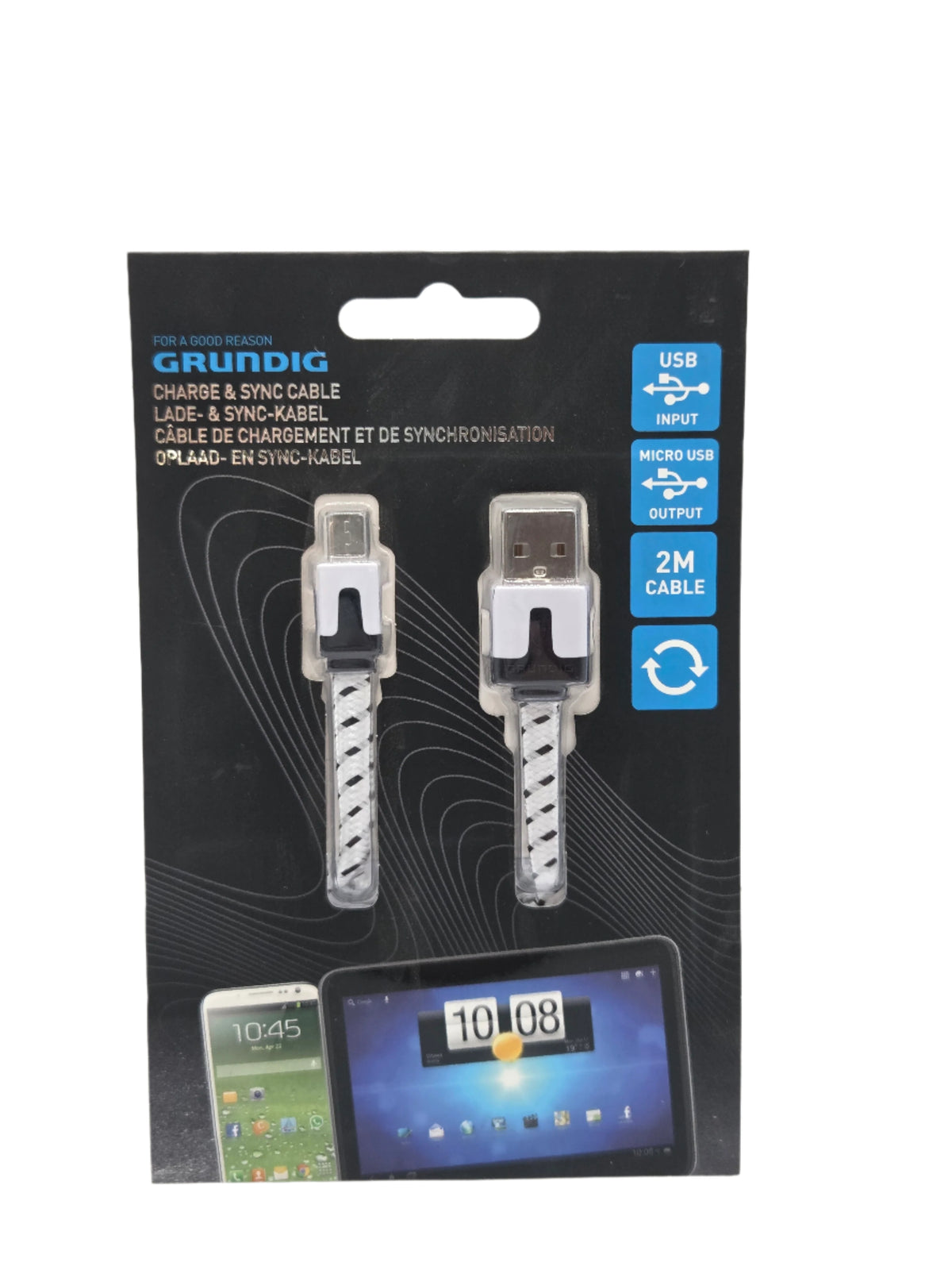 Micro USB-B data and charging cable 2 m black and white