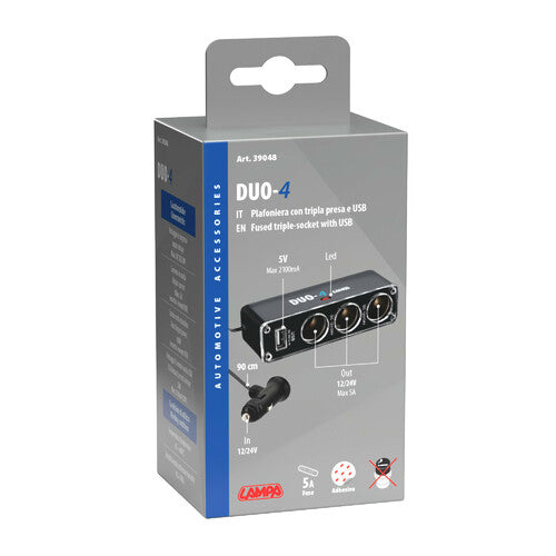 Szivargyújtós elosztó 3 Aljzat + 1 USB A Port 12/24V