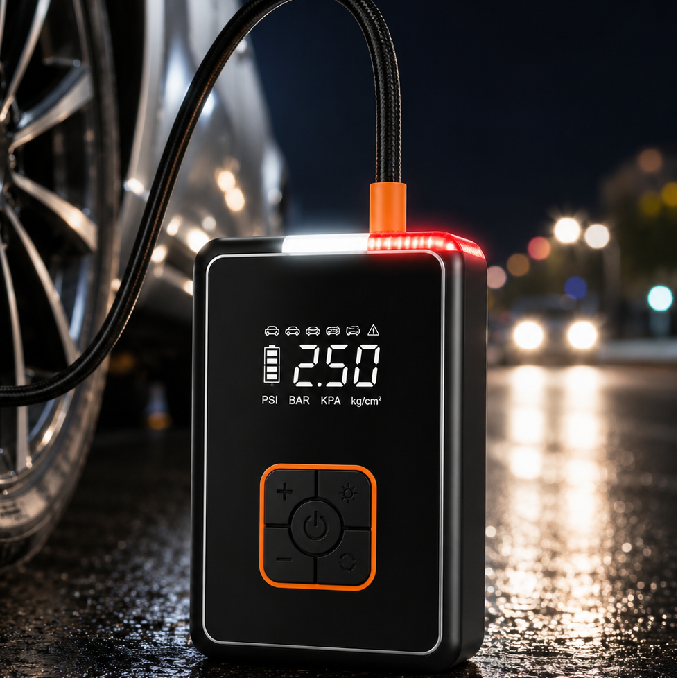 Cordless mini air compressor with power bank and flashlight function