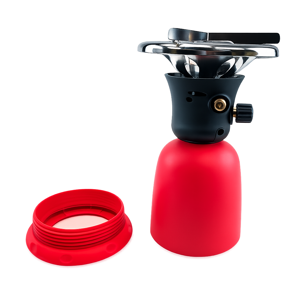 Camping gas stove, single burner, plastic body, red/black, for 190g gas cartridges