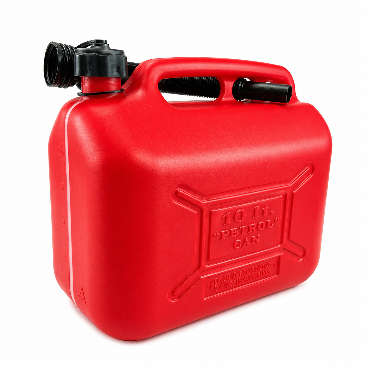 Fuel can with plastic spout and level indicator