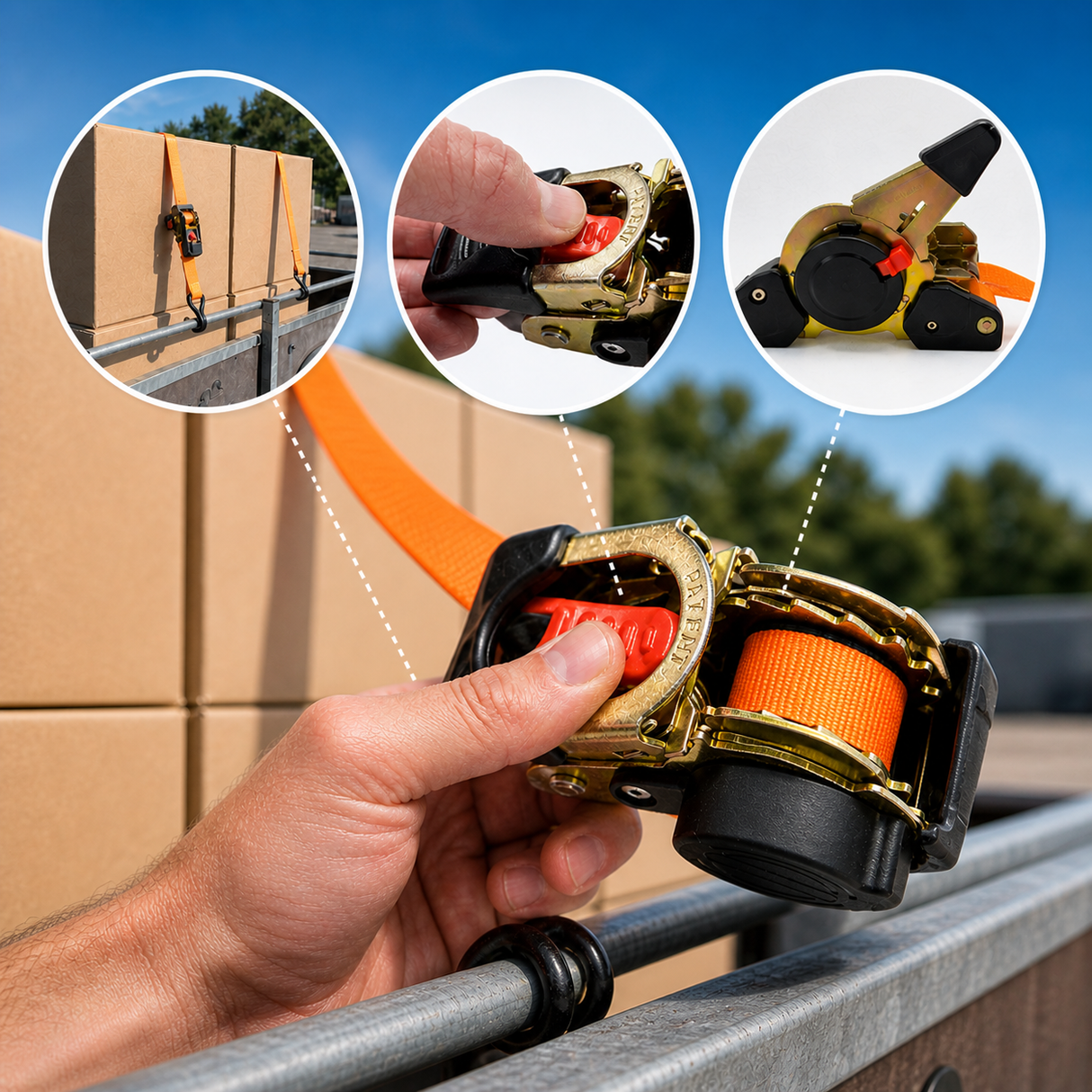 Automatic ratchet strap with hook for load securing GS TÜV