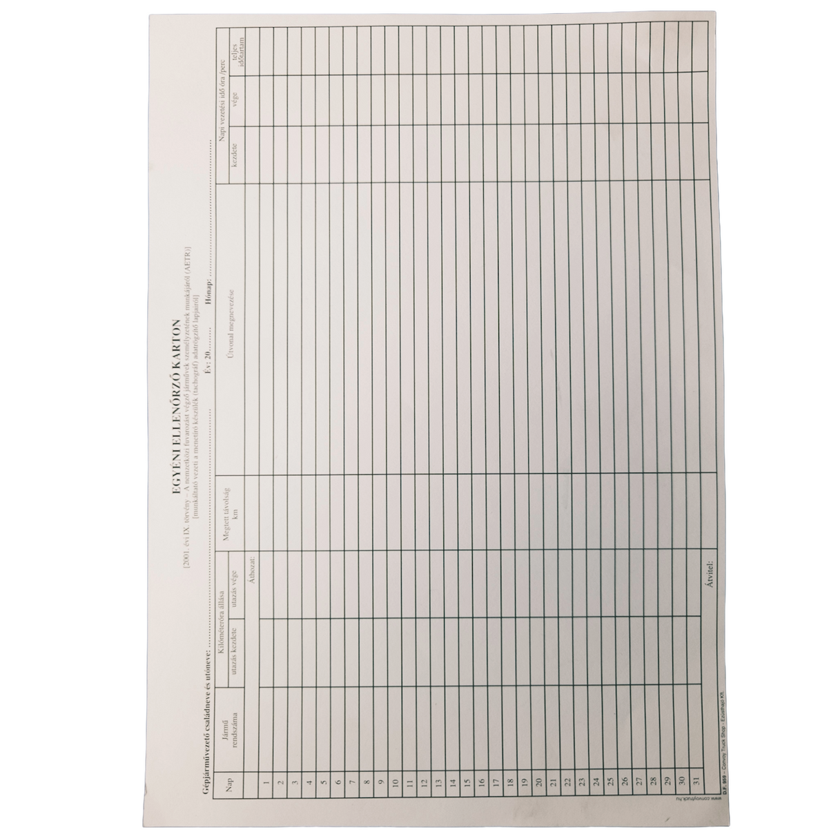 Form tachograph individual control cardboard