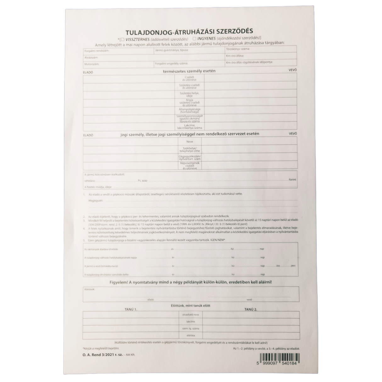 Form Vehicle Sales Agreement 4 Copies