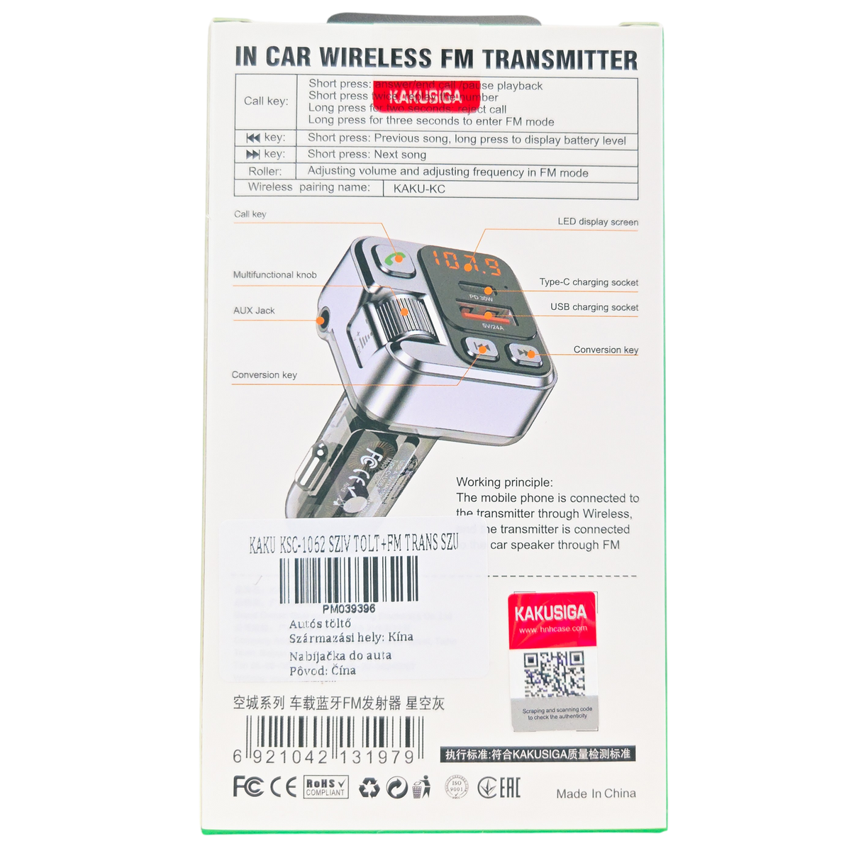 FM Transmitter Bluetooth 45W PD + QC 3.0 autós töltő Kihangosítóval