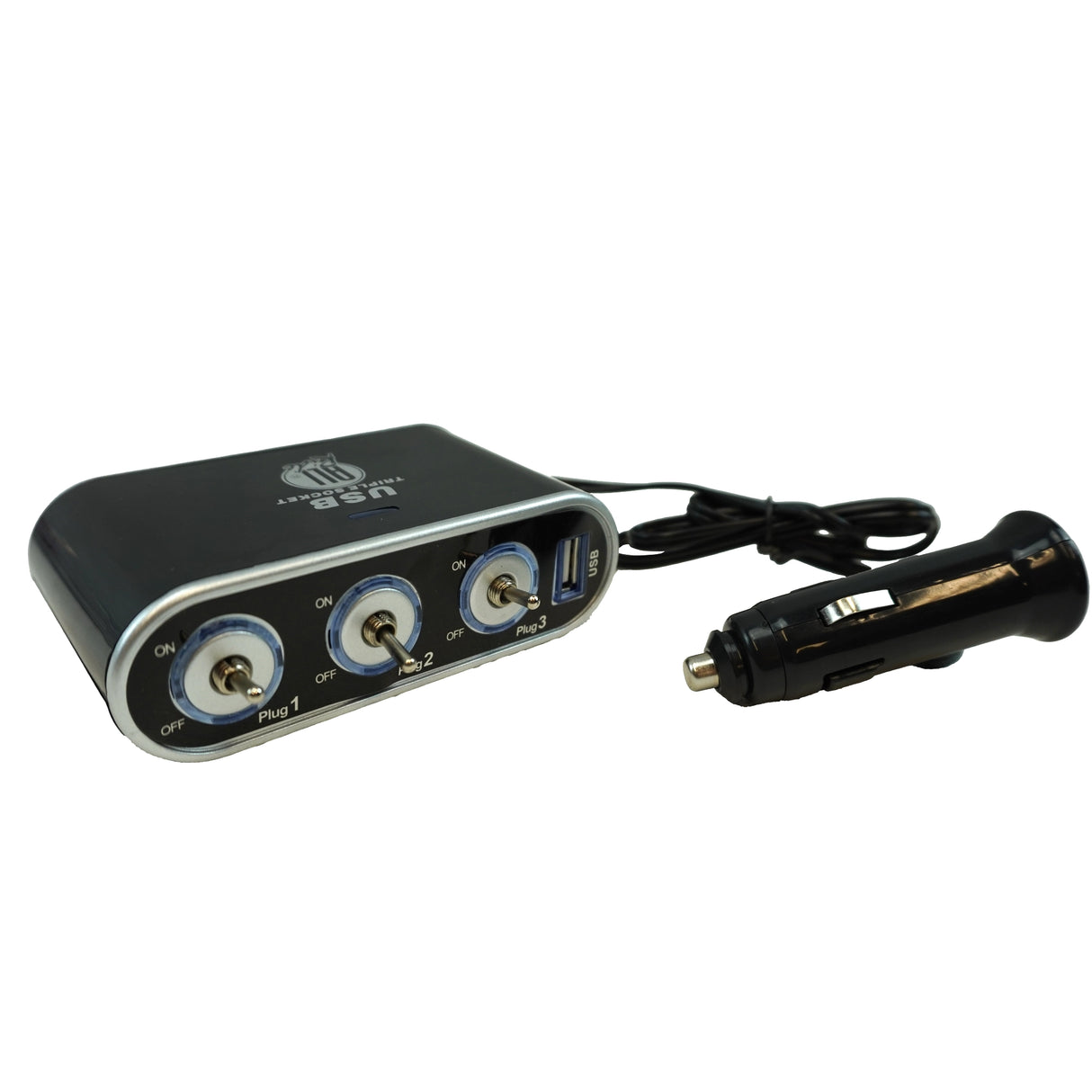 3-as szivargyújtó elosztó kapcsolóval és USB kimenettel kék világítással