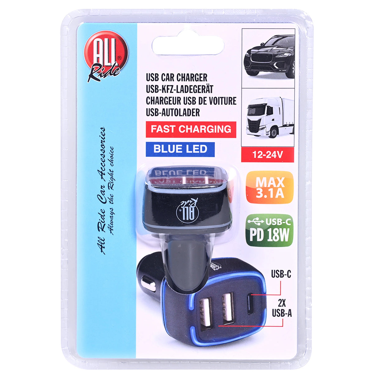 Szivargyújtó töltő 2 USB és 1 Type-C gyorstöltő ALL Ride