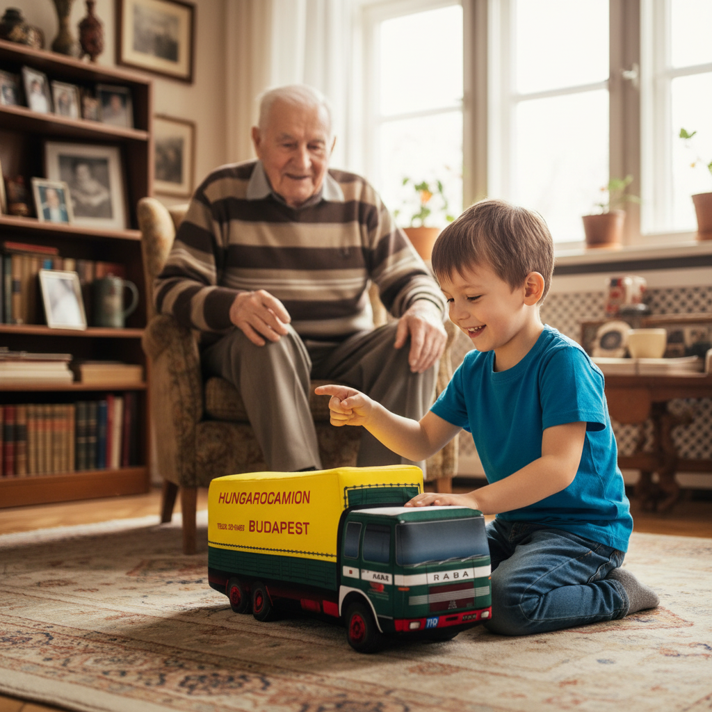 Boy playing with Hungarocamion Rába truck with grandfather