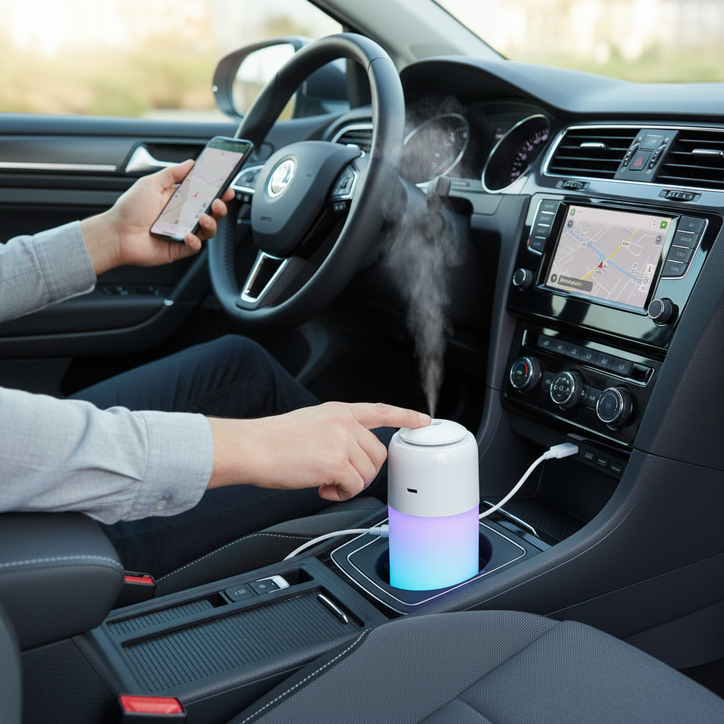 Lifestyle banner showing buyer using car air purifier