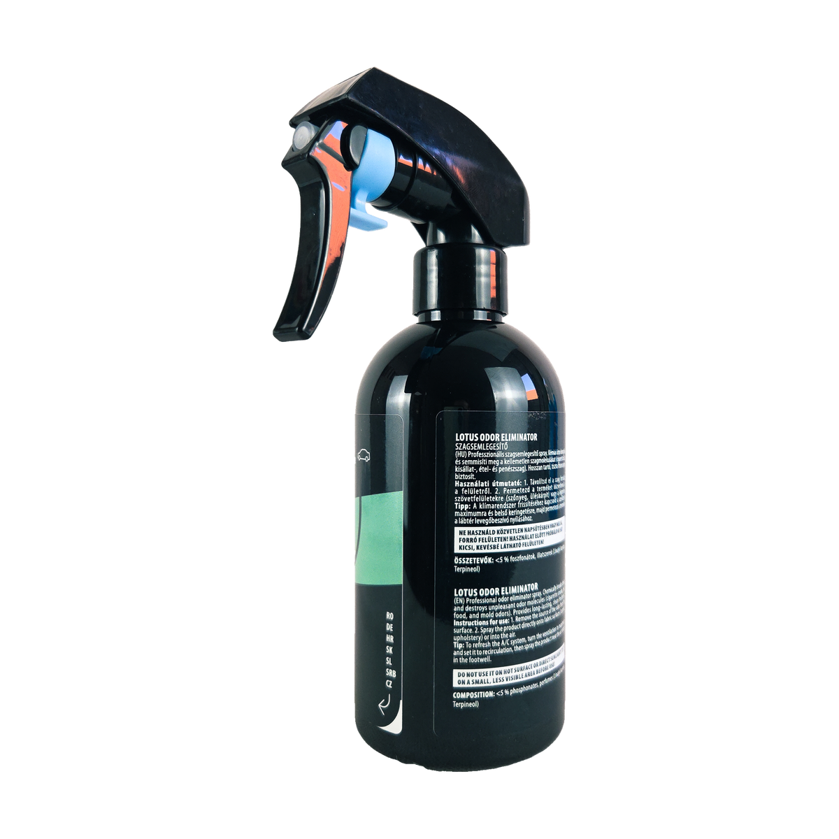 Szagsemlegesítő spray bal oldalról, használati utasítás a címkén