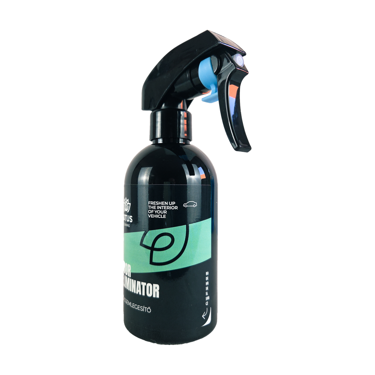 Szagsemlegesítő spray jobb oldalról, a flakon és a szórófej