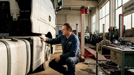 Egy szerelő éppen egy kamion karosszériáján dolgozik a műhelyben.
