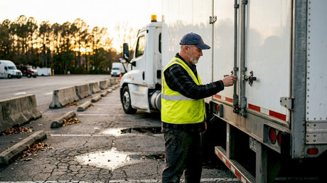 A kamionsofőr átnézi a biztonsági felszereléseket a parkolóban.