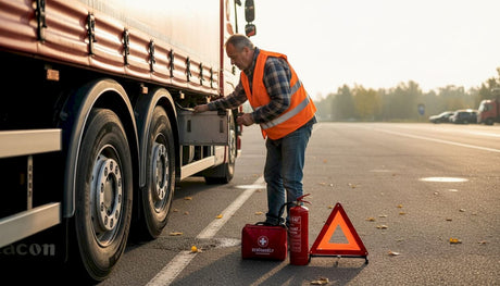 Egy kamionsofőr a szabadban rendezi és ellenőrzi a biztonsági felszereléseit.