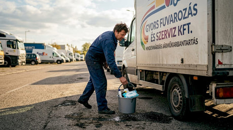Egy szerelő a teherautóját mossa az ipari park területén.