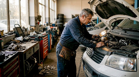 Egy szerelő éppen átvizsgálja egy autó motorját a műhelyben.