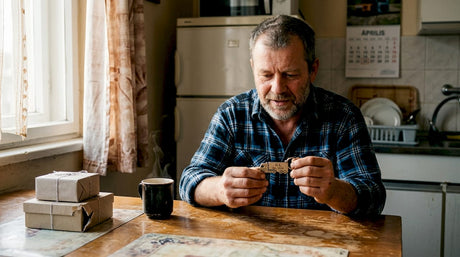 Egy kamionsofőr éppen egy személyre szabott kamionos kulcstartót vesz szemügyre, amit ajándékba kapott.