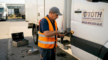 A kamionszerelő a parkolóban szereli fel az új kiegészítőt a járműre.
