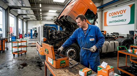 Egy szerelő éppen teherautó-alkatrészek műhelyében dolgozik.