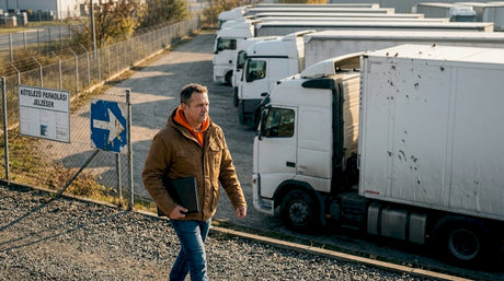A flottamenedzser körbejárja a teherautók parkolóját.
