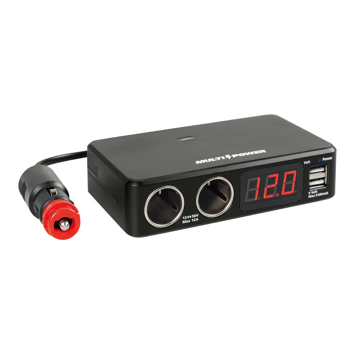 2-es szivargyújtó elosztó 2 USB kimenettel voltmérővel