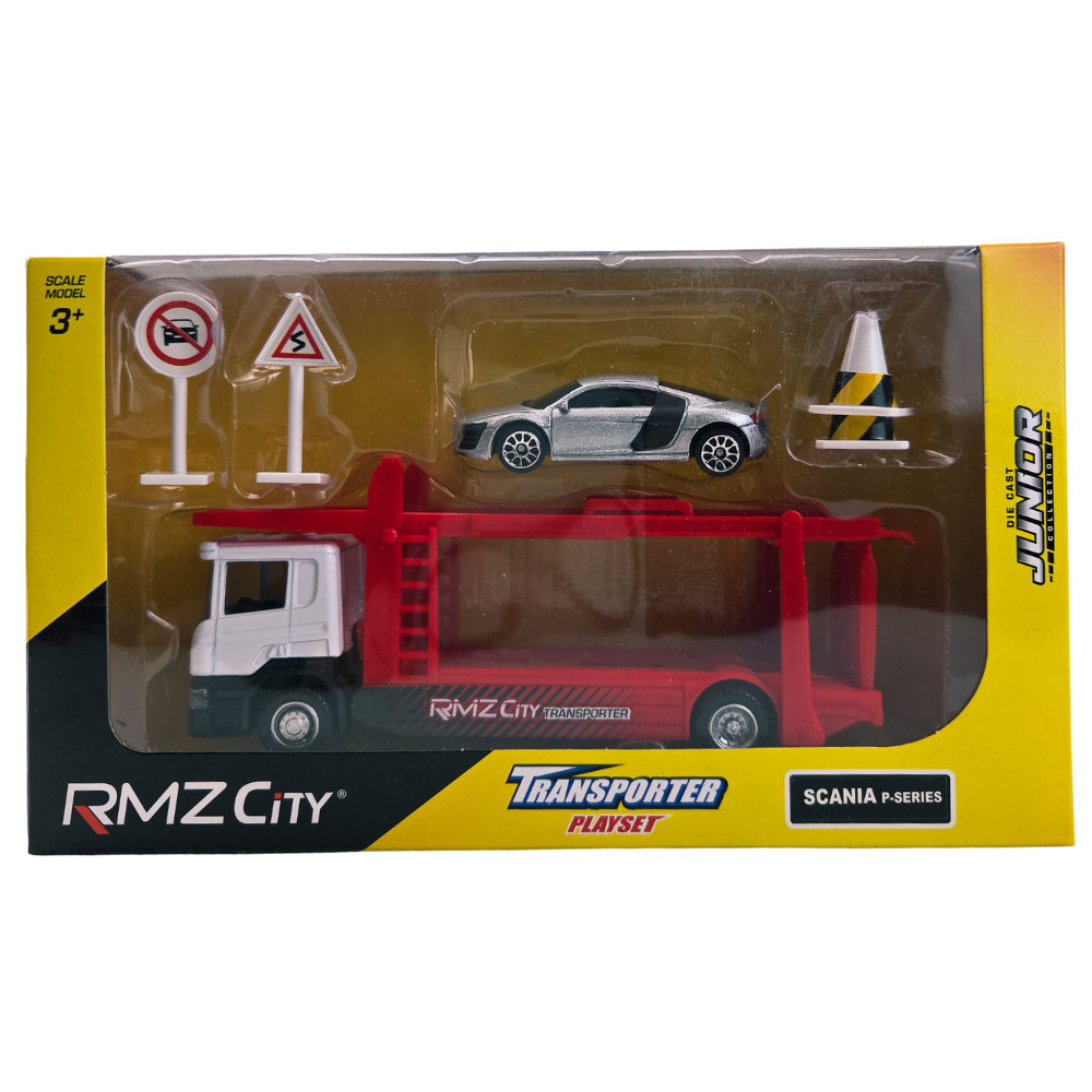 Játék kamion 1:64 Scania autószállító szett