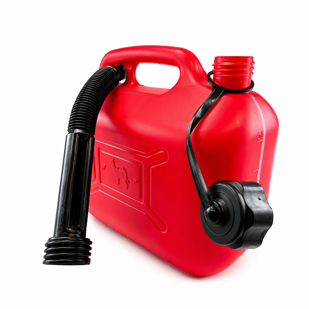 Fuel can with plastic spout and level indicator
