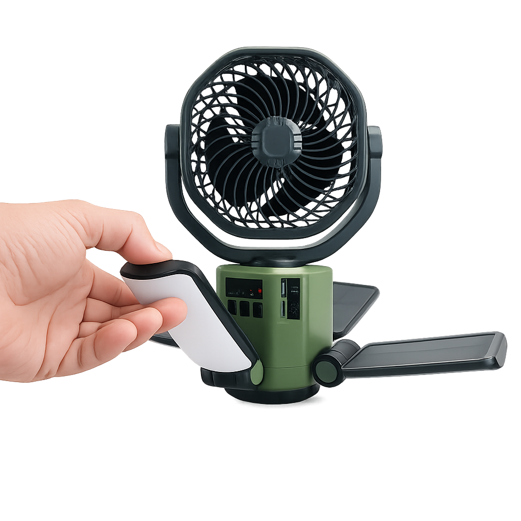 Napelemes ventilátor 6000 mAh akkumulátorral, LED világítással és Power Bank funkcióval