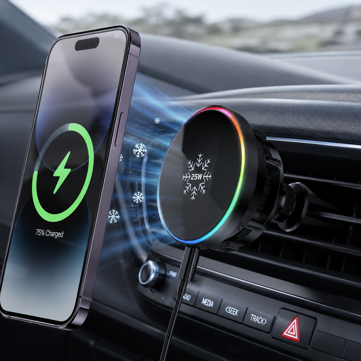 Autós telefontartó mágneses és vezeték nélküli töltő aktív hűtéssel 25W