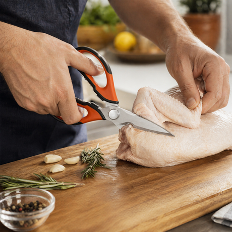 Konyhai olló készlet 5in1 fogazott pengével és beépített szerszámokkal (palacknyitó, hámozó stb.)