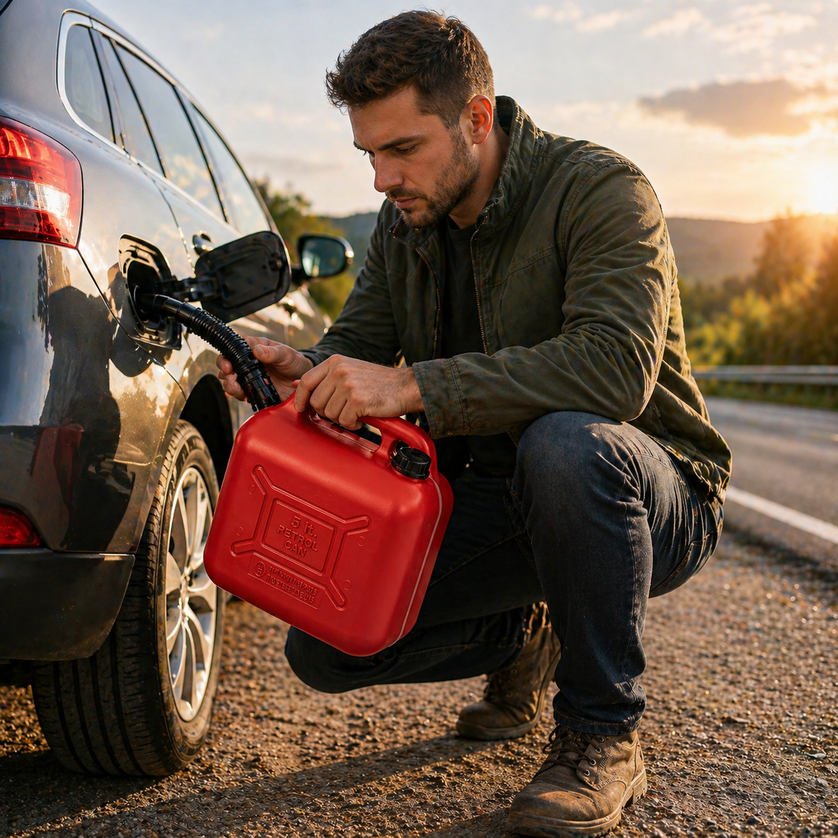 Fuel can with plastic spout and level indicator