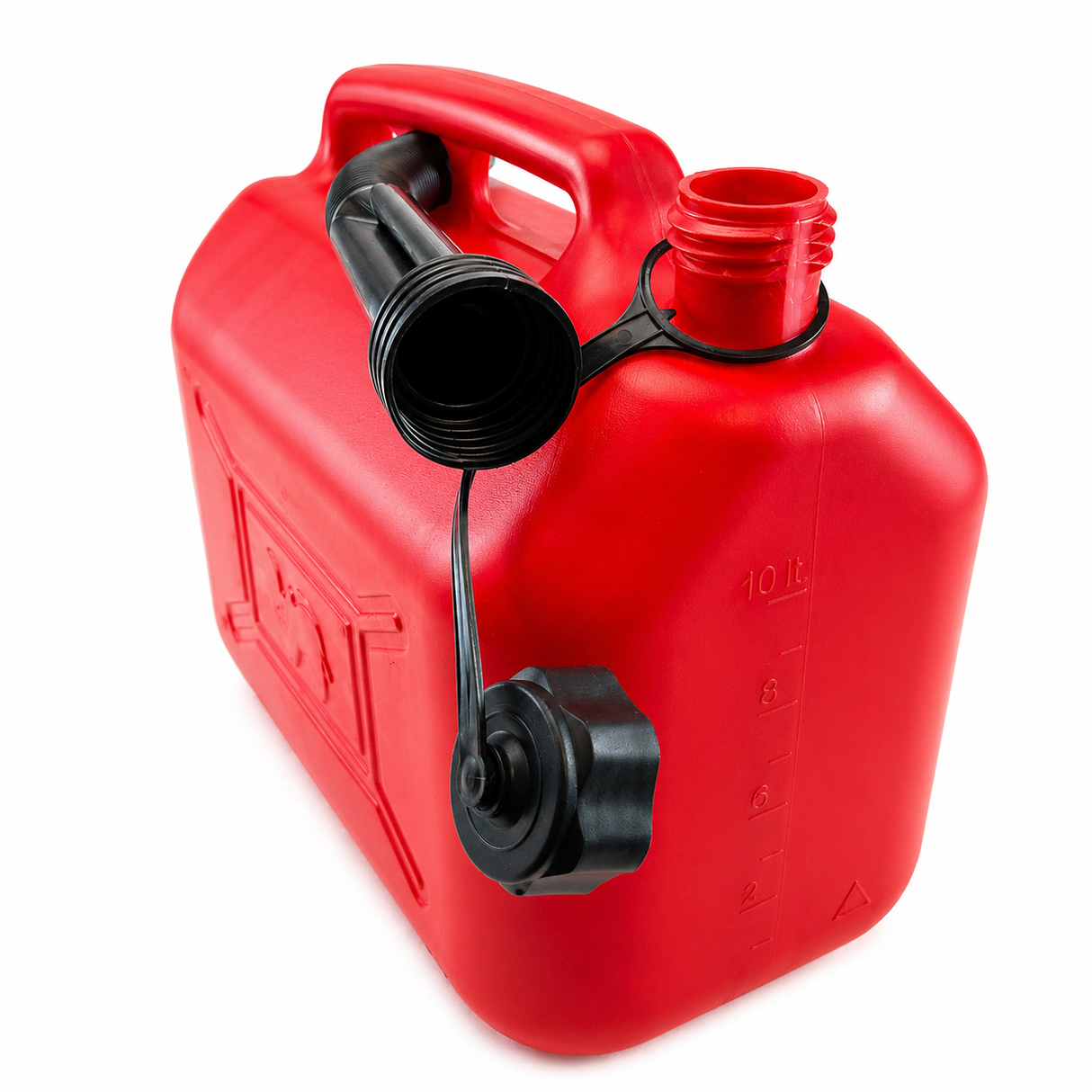 Fuel can with plastic spout and level indicator