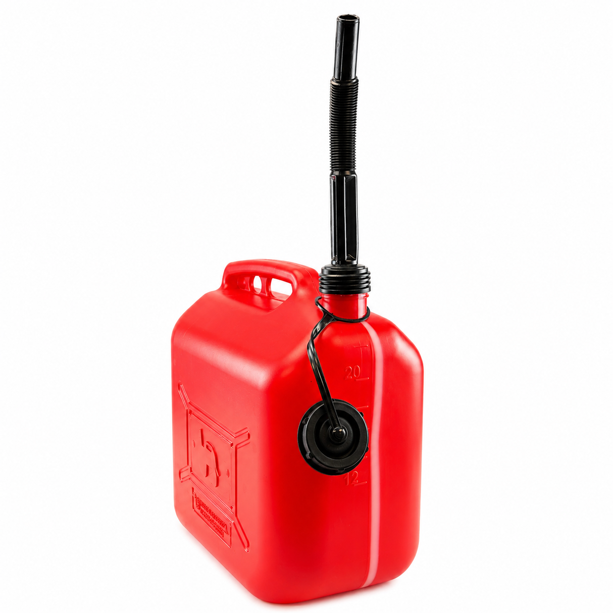 Fuel can with plastic spout and level indicator