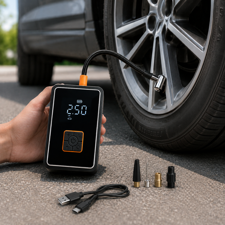 Akkus mini kompresszor power bank és zseblámpa funkcióval