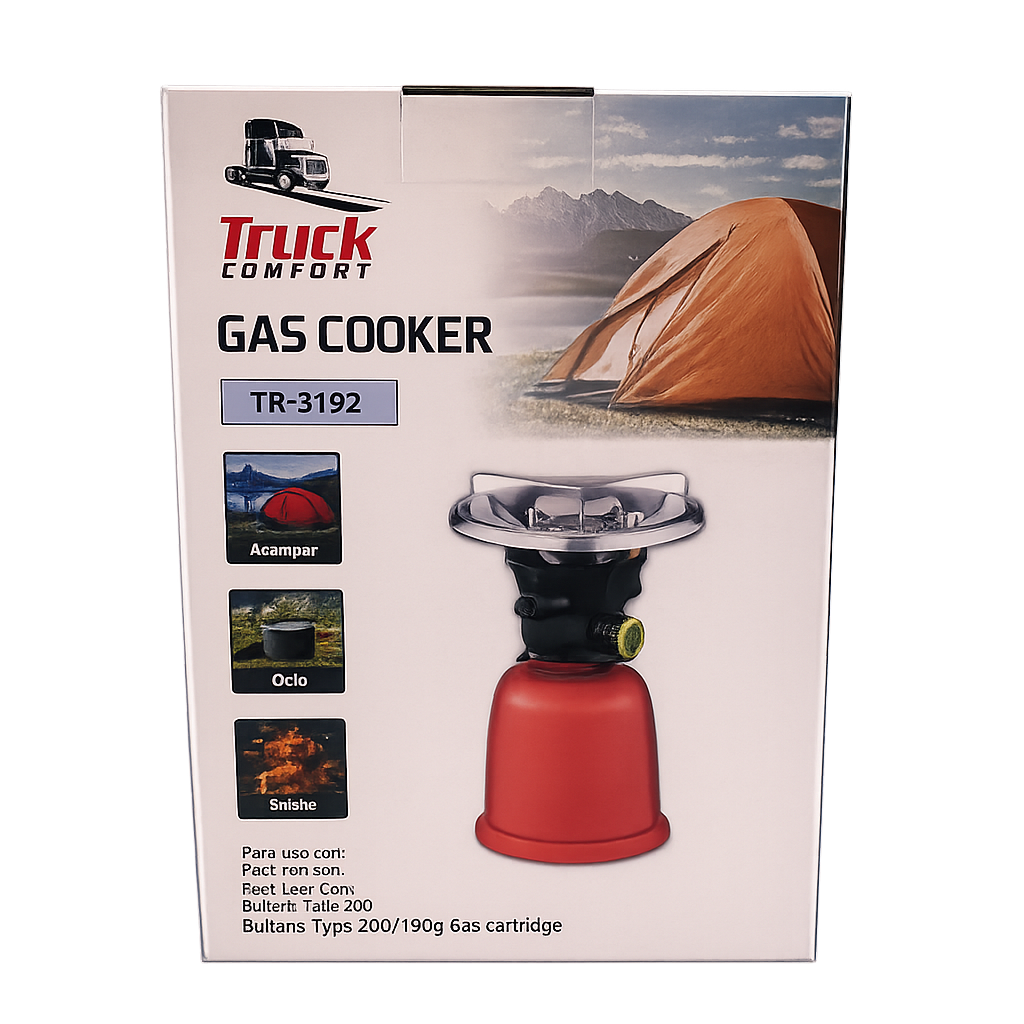 Camping gas stove, single burner, plastic body, red/black, for 190g gas cartridges
