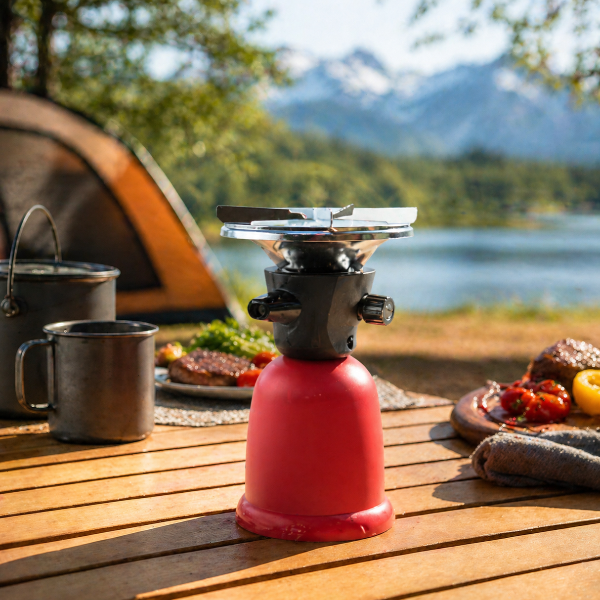 Camping gas stove, single burner, plastic body, red/black, for 190g gas cartridges