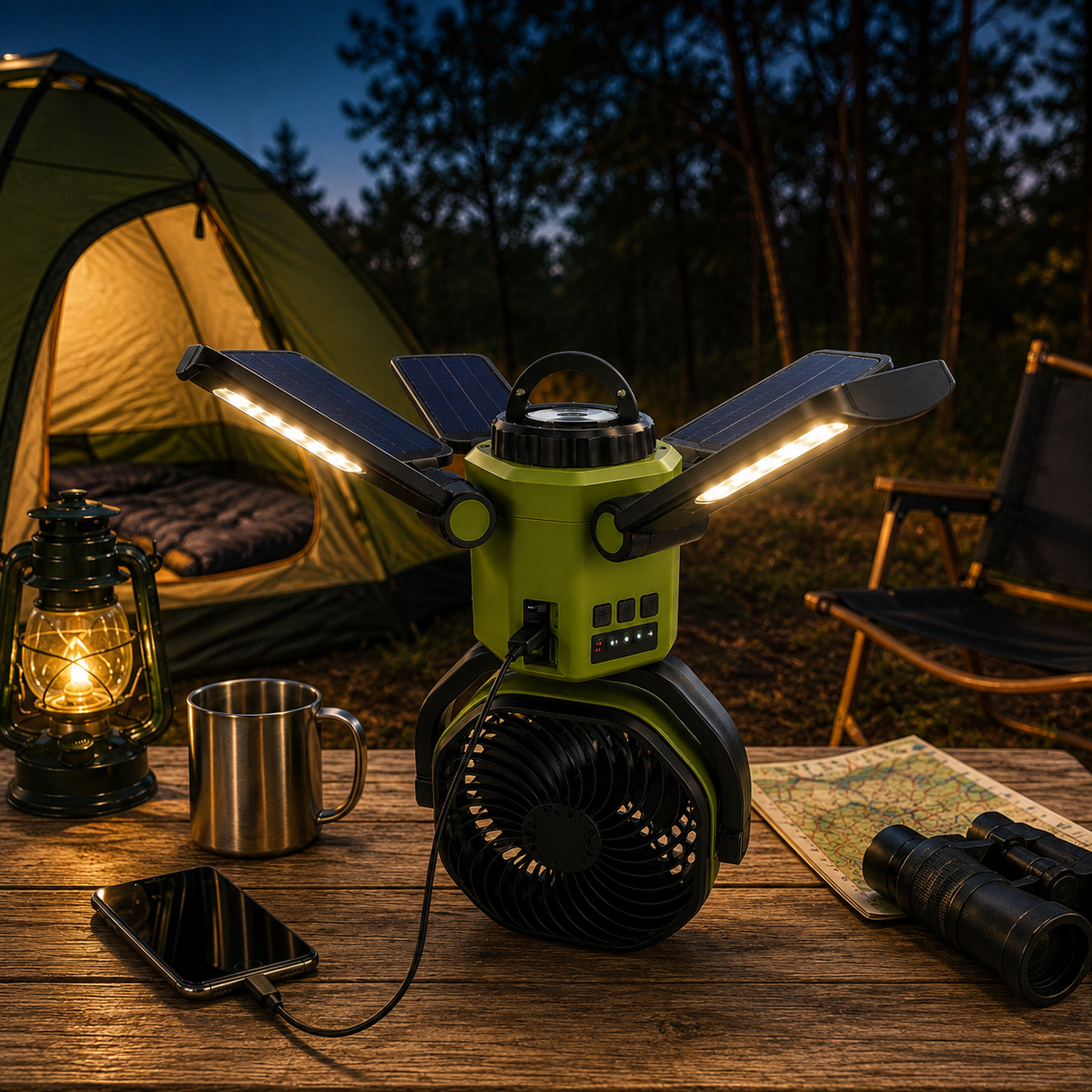 Napelemes ventilátor 6000 mAh akkumulátorral, LED világítással és Power Bank funkcióval