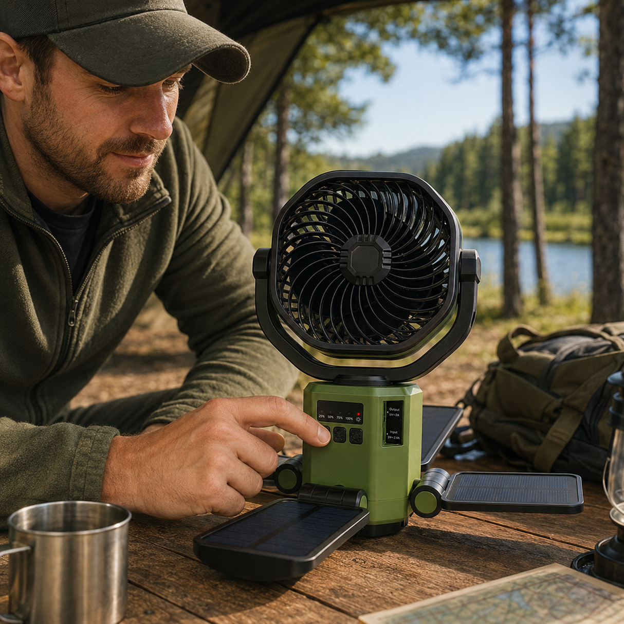 Napelemes ventilátor 6000 mAh akkumulátorral, LED világítással és Power Bank funkcióval