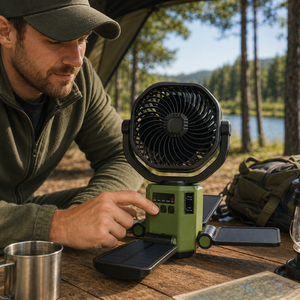 Napelemes ventilátor 6000 mAh akkumulátorral, LED világítással és Power Bank funkcióval