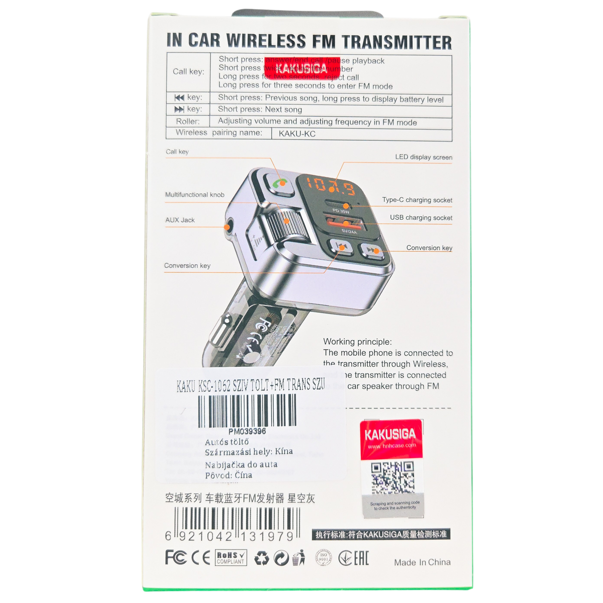 FM Transmitter Bluetooth 45W PD + QC 3.0 autós töltő Kihangosítóval