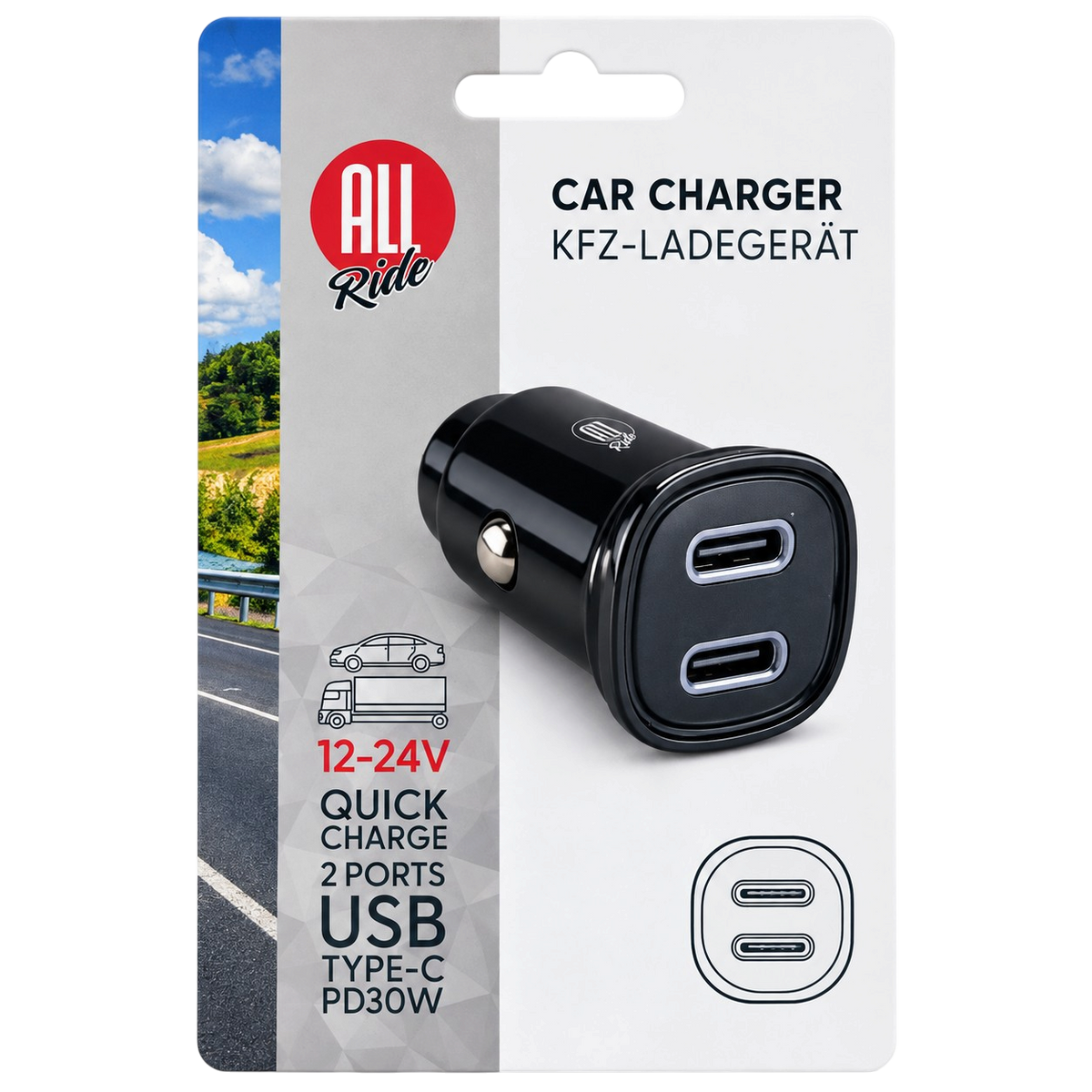 Autós töltő 30 W PD gyorstöltéssel és 2 USB-C csatlakozóval