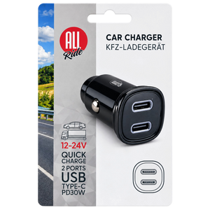 Autós töltő 30 W PD gyorstöltéssel és 2 USB-C csatlakozóval