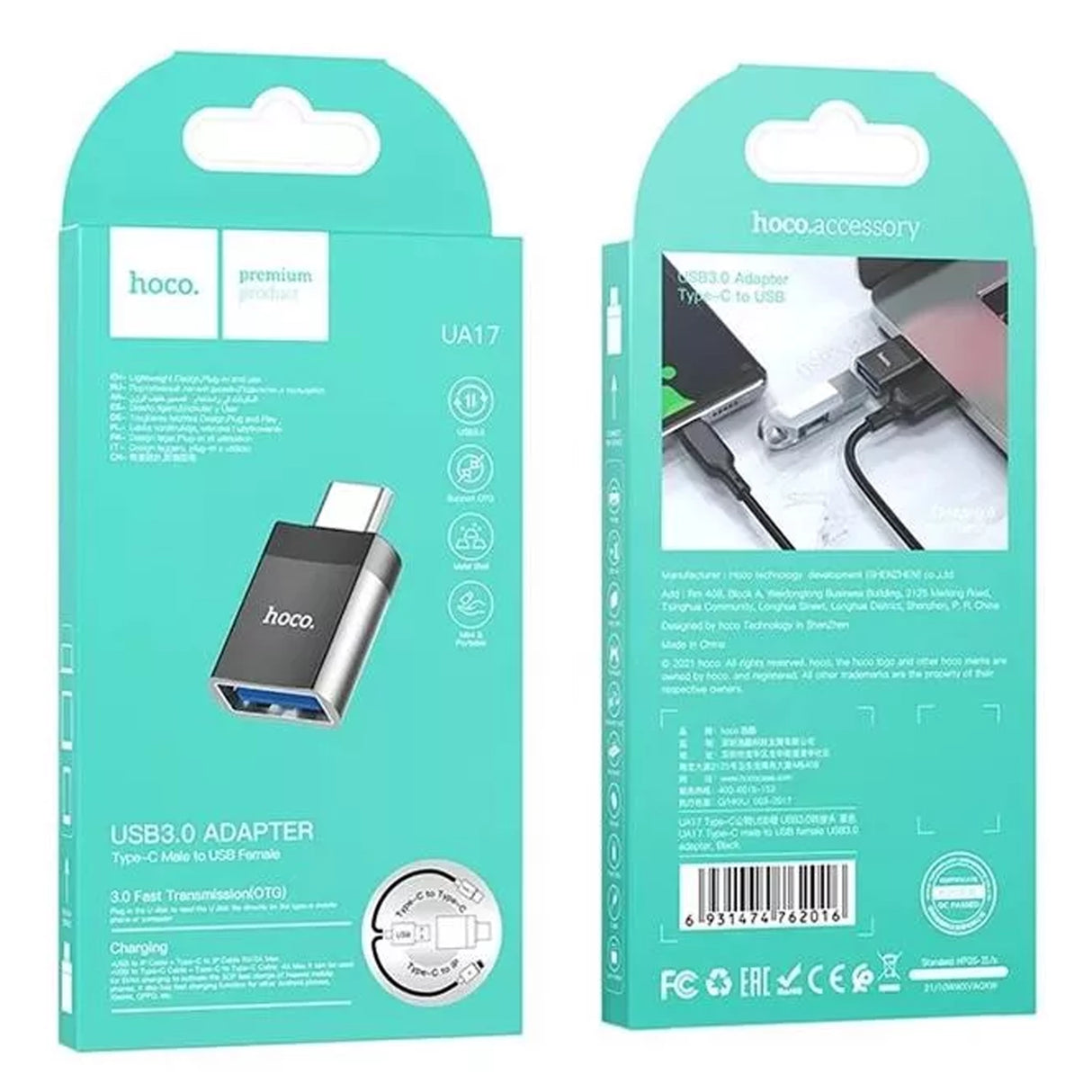 HOCO UA17 USB TYPE-C MALE / USB 3.0 FEMALE ADAPTER FEKETE