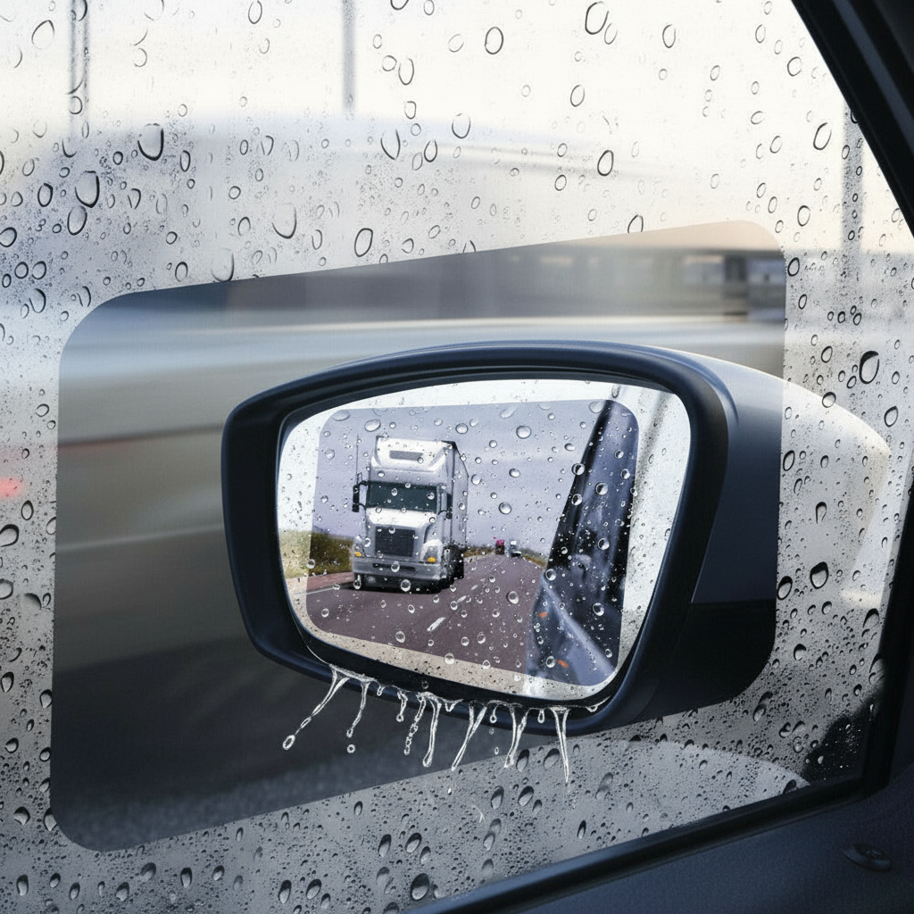 Banner showing water-repellent film on rear-view mirror