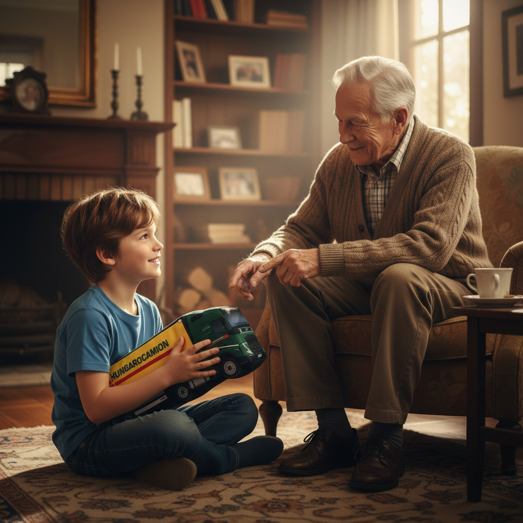 Boy playing with Hungarocamion plush truck with grandfather