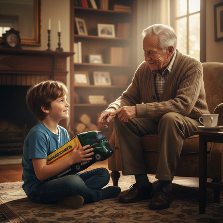 Boy playing with Hungarocamion plush truck with grandfather