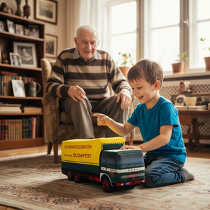 Boy playing with Hungarocamion Rába truck with grandfather