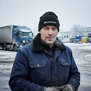 Man wearing Hungarocamion winter cap in cold weather